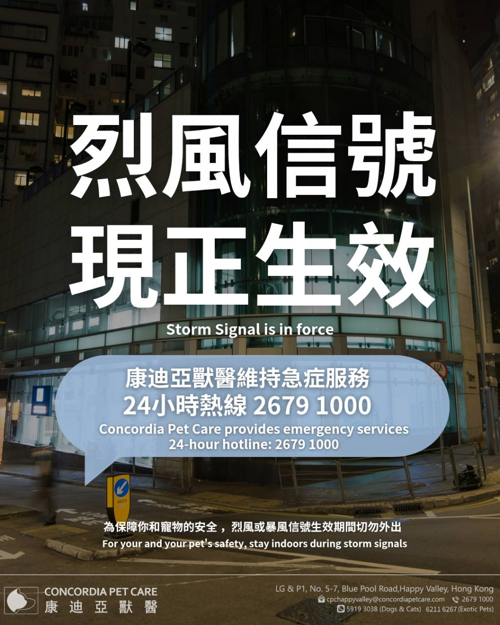 八號烈風或暴風信號現正生效－康迪亞獸醫維持24小時急症服務